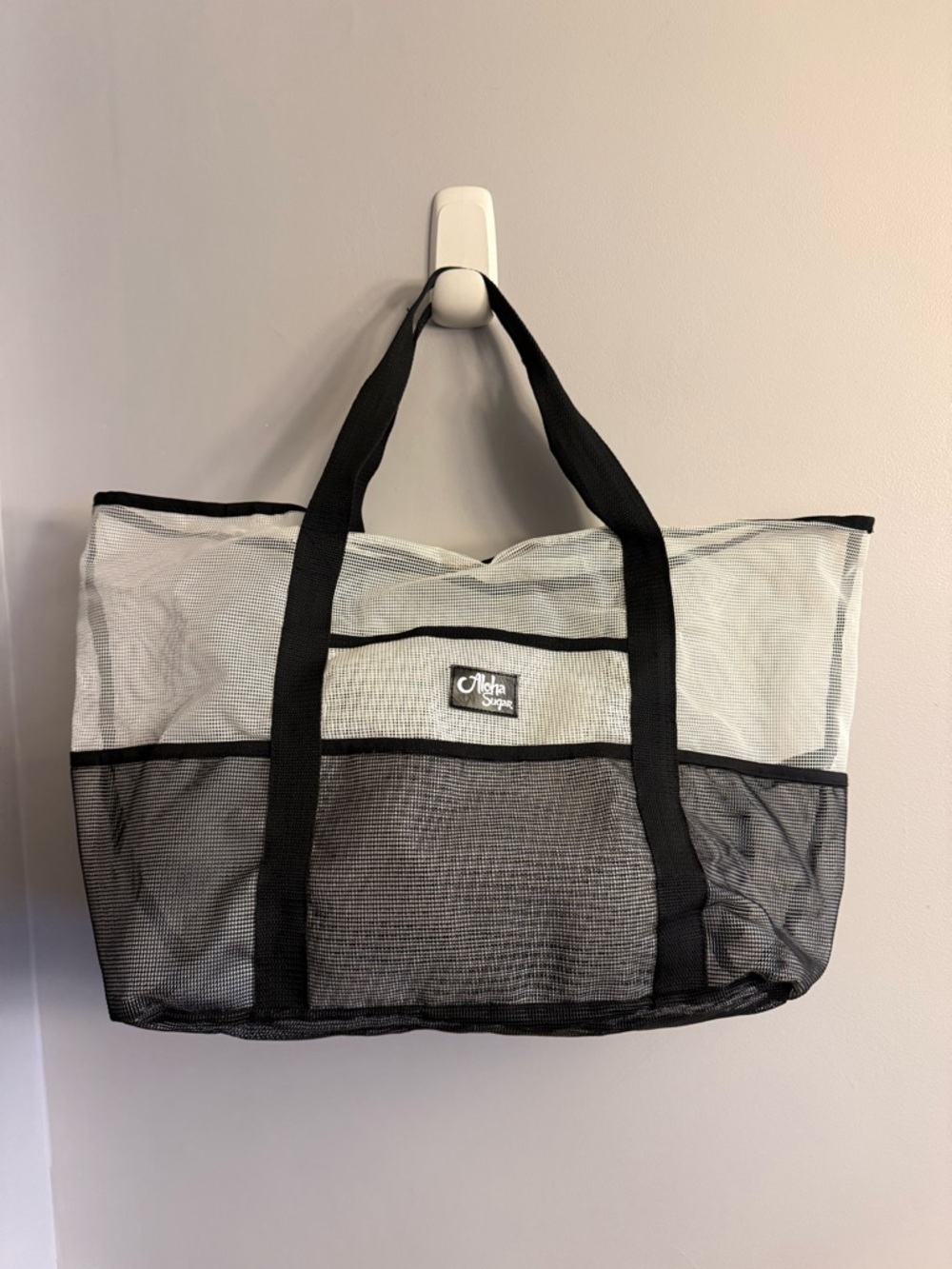 Aloha Sugar Mesh Beach Tote Bag Black White Large Sand Resistant Travel Pool Bag